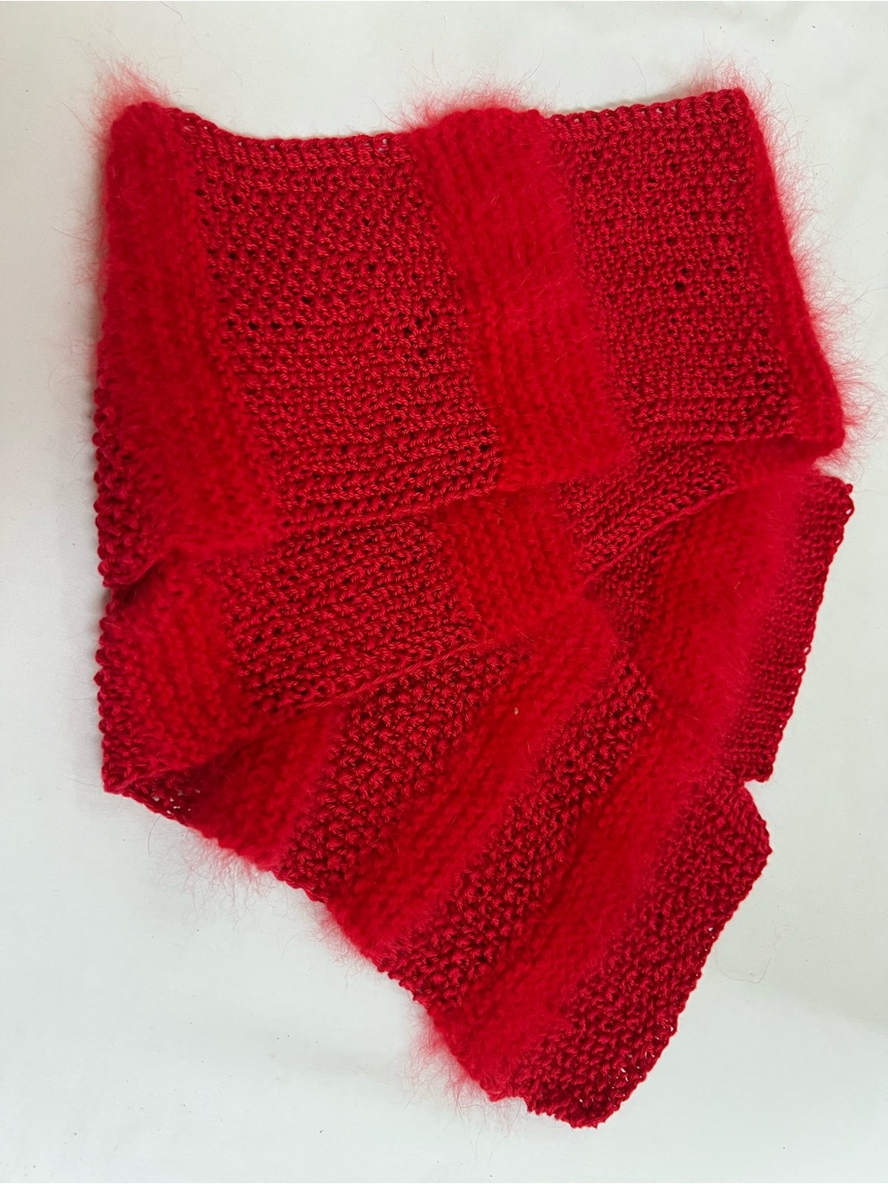 Handmade Knitted and/or Crochet Red Scarf, 5" x 46" Angora and Other Yarn Soft